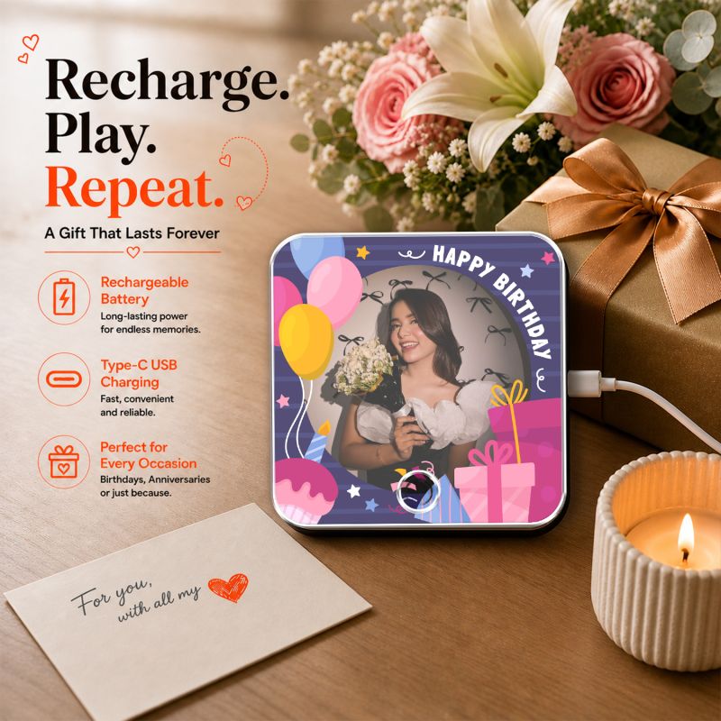 Personalized Happy Birthday Musical Fridge Photo Frame Magnet Rechargeable Wireless Music Box Birthday Gift for Girlfriend & Wife Custom with Any Song Music Playable Feature